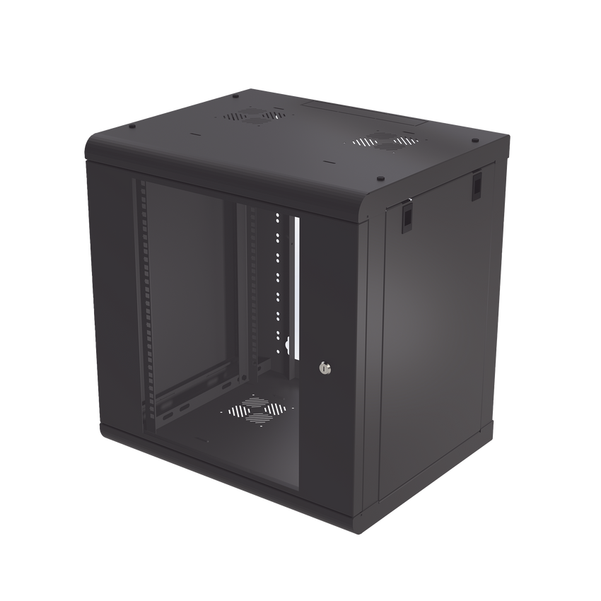 Gabinete de Pared de 12U con Puerta de Cristal Templado, 479.5 mm de Profundidad, Rack de 19'', Acero Reforzado Color Negro.