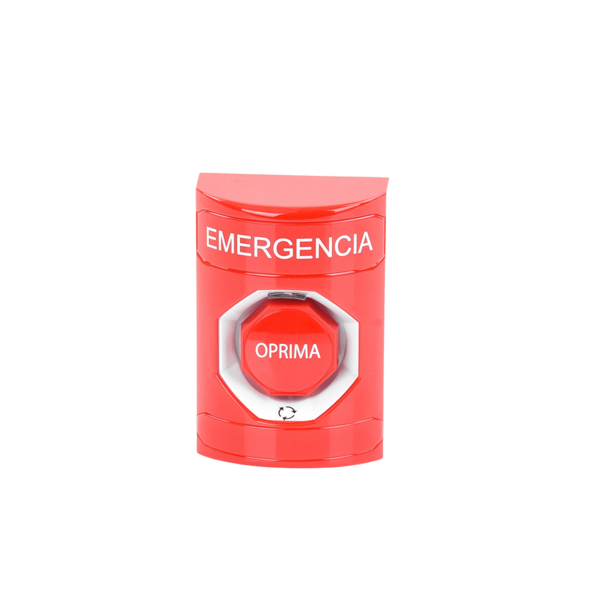 Botón de Emergencia, Texto en Español, Color Rojo, Acción Mantenida, Girar para Restablecer y LED Multicolor