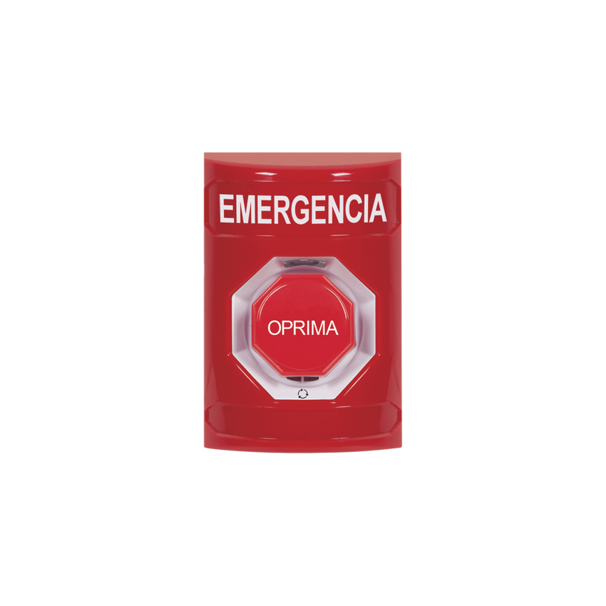 Botón de Emergencia, Texto en Español, Color Rojo, Acción Mantenida, Girar para Restablecer y LED Multicolor