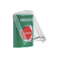 ?Botón Multipropósito, Color Verde, De Superficie, Con Tapa De Policarbonato, Con Bocina Pre Alarma, Para Interior, Llave Para Restablecer, Texto De Emergencia, Español
