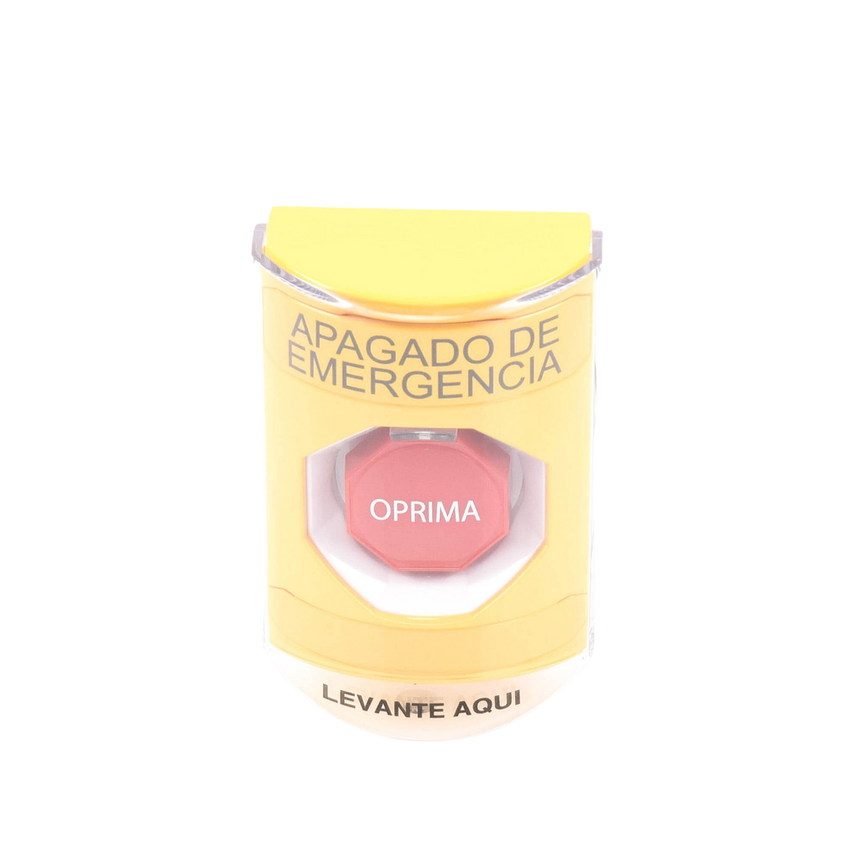 Botón de Apagado de Emergencia, Texto en Español, Tapa Protectora de Policarbonato Súper Resistente, Restablecimiento con Llave