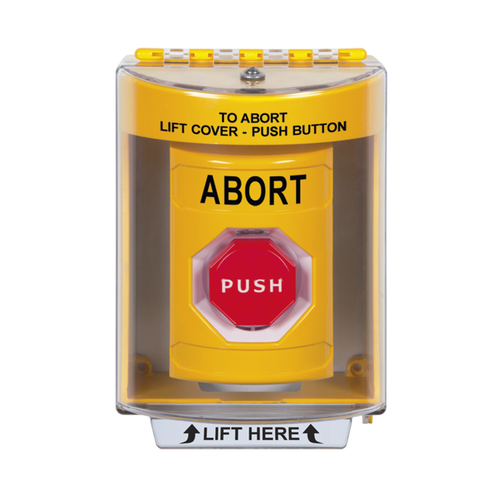 Botón de Abortar, Texto en Ingles, Tapa Protectora de Policarbonato Súper Resistente, Momentaneo