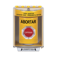 Botón de Abortar, Texto en Español, Tapa Protectora de Policarbonato Súper Resistente, Girar para restablecer