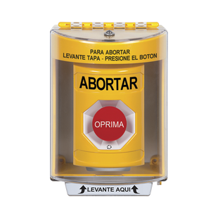 Botón de Abortar, Texto en Español, Tapa Protectora de Policarbonato Súper Resistente, Girar para restablecer
