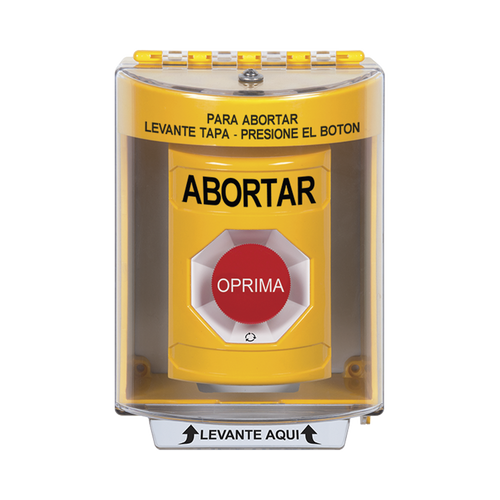 Botón de Abortar, Texto en Español, Tapa Protectora de Policarbonato Súper Resistente, Girar para restablecer