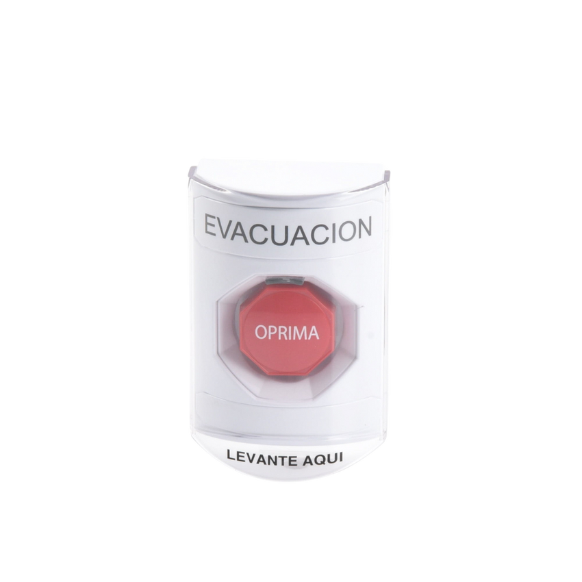 Botón de Evacuación, Texto en Español, Tapa Protectora de Policarbonato Súper Resistente, Restablecimiento con Llave