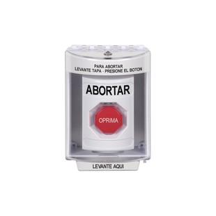 Botón de Abortar, Bocina de Advertencia Integrada, Texto en Español, Tapa Protectora de Policarbonato Súper Resistente con Espaciador, Restablecimiento con Llave