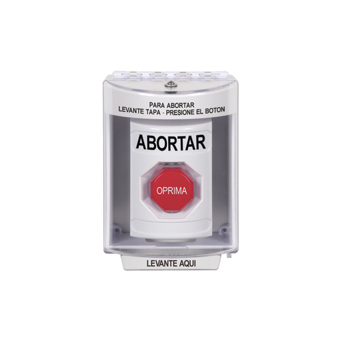 Botón de Abortar, Bocina de Advertencia Integrada, Texto en Español, Tapa Protectora de Policarbonato Súper Resistente con Espaciador, Restablecimiento con Llave