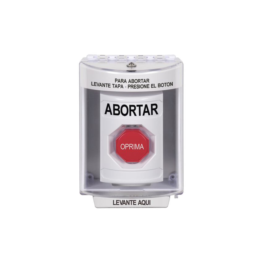 Botón de Abortar, Bocina de Advertencia Integrada, Texto en Español, Tapa Protectora de Policarbonato Súper Resistente con Espaciador, Restablecimiento con Llave