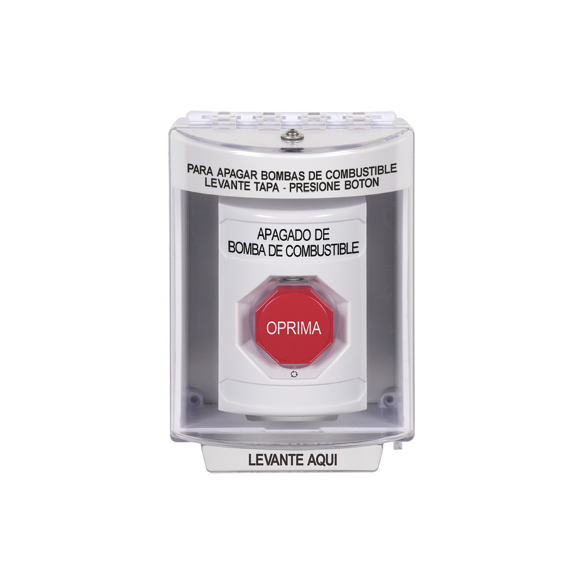 Botón de Apagado de Bomba de Combustible, Tapa Protectora de Policarbonato Súper Resistente con Espaciador, Acción Mantenida , Texto en Español