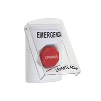 ?Botón Multipropósito, Color Blanco, De Superficie, Con Tapa De Policarbonato, Con Bocina Pre Alarma, Para Interior, Llave Para Restablecer, Texto De Emergencia, Español