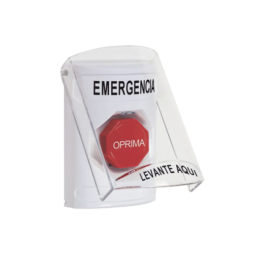 ?Botón Multipropósito, Color Blanco, De Superficie, Con Tapa De Policarbonato, Con Bocina Pre Alarma, Solo Interior, Llave Para Restablecer, Texto De Emergencia, Español