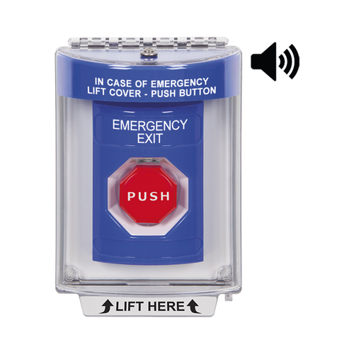 Botón De Salida De Emergencia Con Bocina De Advertencia Integrada, Interior/Exterior, Texto En Ingles, Tapa Protectora De Policarbonato Súper Resistente, Neumático