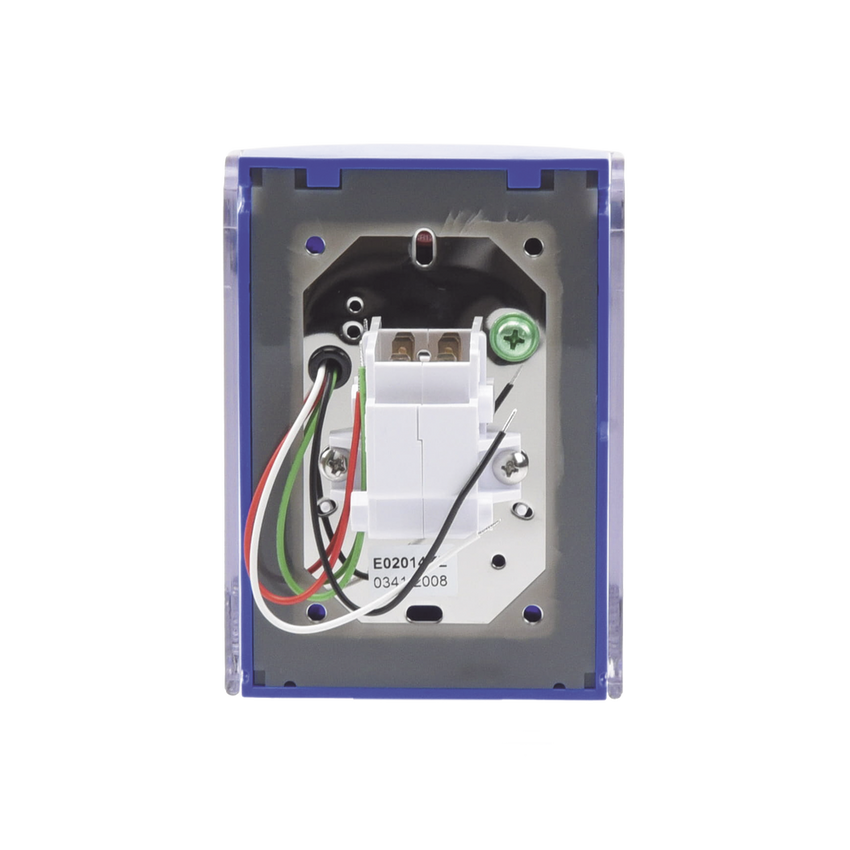 Botón Multipropósito, Color Azul, De Superficie, Con Tapa De Policarbonato, Con Bocina Pre Alarma, Para Interior, Llave Para Restablecer, Texto De Emergencia, Ingles