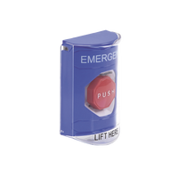 Botón Multipropósito, Color Azul, De Superficie, Con Tapa De Policarbonato, Con Bocina Pre Alarma, Para Interior, Llave Para Restablecer, Texto De Emergencia, Ingles