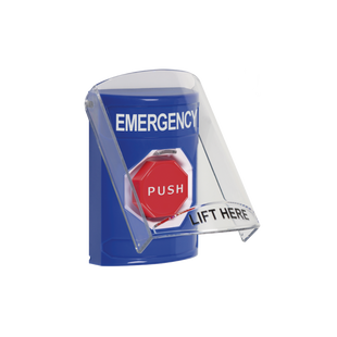 Botón Multipropósito, Color Azul, De Superficie, Con Tapa De Policarbonato, Con Bocina Pre Alarma, Para Interior, Llave Para Restablecer, Texto De Emergencia, Ingles