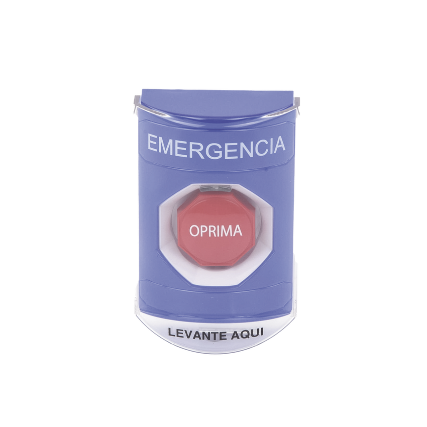?Botón Multipropósito, Color Azul, De Superficie, Con Tapa De Policarbonato, Con Bocina Pre Alarma, Solo Interior, Llave Para Restablecer, Texto De Emergencia, Español