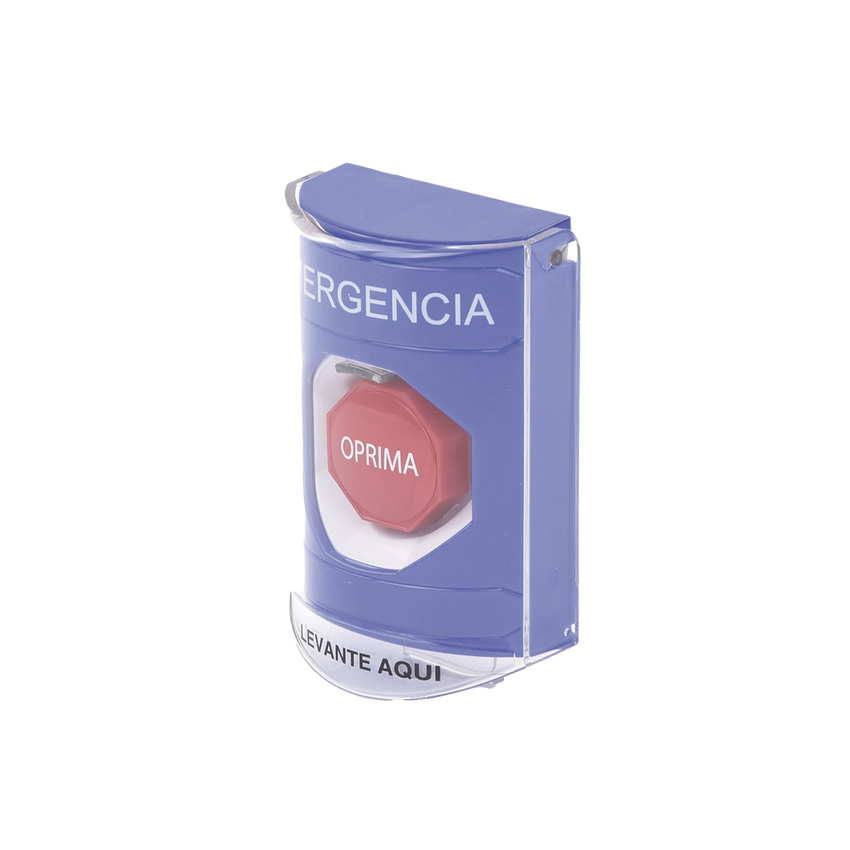 ?Botón Multipropósito, Color Azul, De Superficie, Con Tapa De Policarbonato, Con Bocina Pre Alarma, Solo Interior, Llave Para Restablecer, Texto De Emergencia, Español