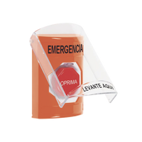 ?Botón Multipropósito, Color Naranja, De Superficie, Con Tapa De Policarbonato, Con Bocina Pre Alarma, Para Interior, Llave Para Restablecer, Texto De Emergencia, Español