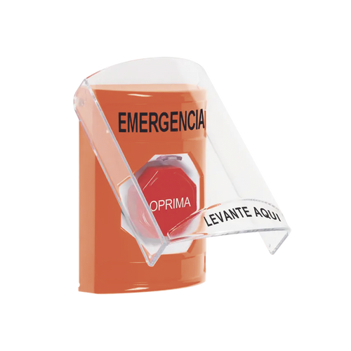 ?Botón Multipropósito, Color Naranja, De Superficie, Con Tapa De Policarbonato, Con Bocina Pre Alarma, Solo Interior, Llave Para Restablecer, Texto De Emergencia, Español