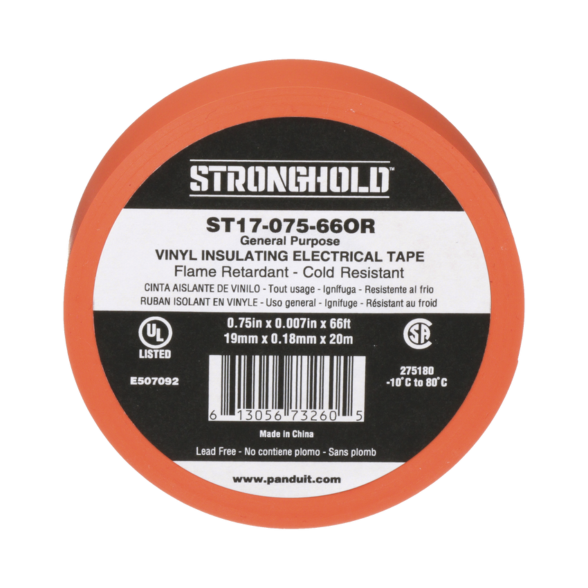 Cinta Eléctrica STRONGHOLD para Aislar, de PVC, Uso General Reparación y Mantenimiento, Grosor de 0.18mm (7 mil), Ancho de 19mm, y 20.12m de Largo, Color Naranja