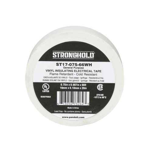 Cinta Eléctrica STRONGHOLD para Aislar, de PVC, Uso General Reparación y Mantenimiento, Grosor de 0.18mm (7 mil), Ancho de 19mm, y 20.12m de Largo, Color Blanco