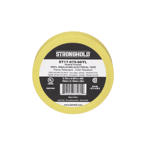 Cinta Eléctrica STRONGHOLD para Aislar, de PVC, Uso General Reparación y Mantenimiento, Grosor de 0.18mm (7 mil), Ancho de 19mm, y 20.12m de Largo, Color Amarillo