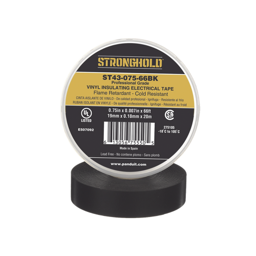 Cinta Eléctrica STRONGHOLD para Aislar, de PVC, Uso Profesional en Construcción Eléctrica, Grosor 0.18mm (7 mil), Ancho 19mm, y 20m Largo, Color Negro.