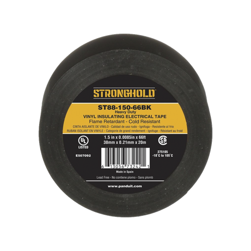 Cinta Eléctrica STRONGHOLD para Aislar, de PVC, Trabajo Pesado Eléctrico Industrial (Soporta UV, abrasión, agua, aceite y corrosión), Grosor de 0.21 mm (8.5 mil), Ancho de 38 mm, y 20 m de Largo, Uso Interior/Exterior, Color Ne