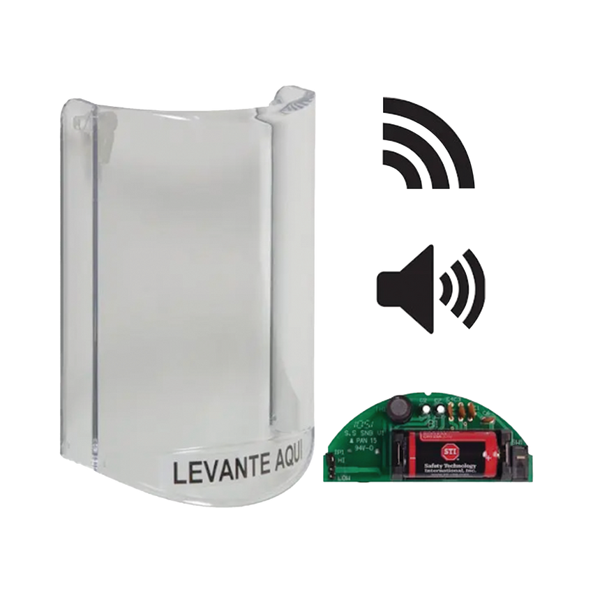 Cubierta Protectora De Policarbonato, Súper Resistente, Con Sonido, Con Transmisor Inalámbrico Para STI-V34104, Texto En Español, Para Botones Multiusos Serie Stopper® Station De STI