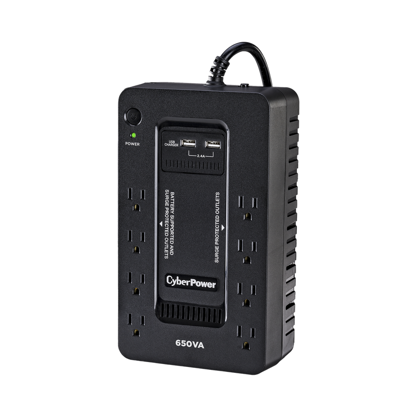 UPS de 650 VA/390 W, Topología Standby con Modo Ahorrador ECO, Entrada 120 Vca NEMA 5-15P, Con 8 Tomas NEMA 5-15R