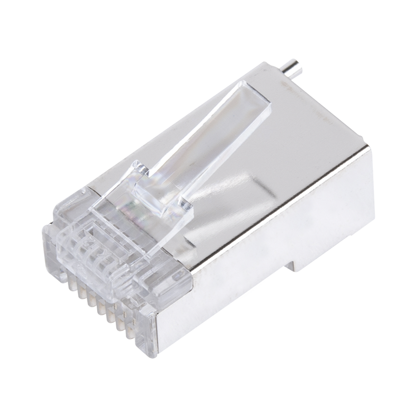 Bote con 100 Piezas de Plug Modular RJ45 Cat5e Blindado, Chapado de Oro a 30 Micras para Durabilidad Extrema con Pin de Tierra