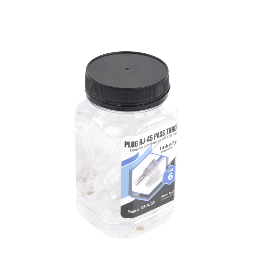 Bote con 50 Plugs Pass Through RJ45 Cat6 sin Blindaje, con Alivio de Tensión Incluido, Chapado de Oro a 30 Micras para Durabilidad Extrema
