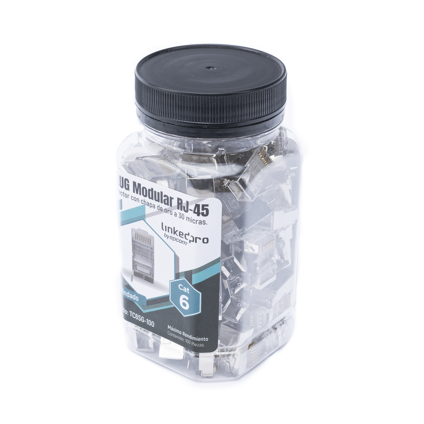 Bote con 100 Piezas de Plug Modular RJ45 Cat6 Blindado con Pin de Tierra, Chapado de Oro a 30 Micras para Durabilidad Extrema