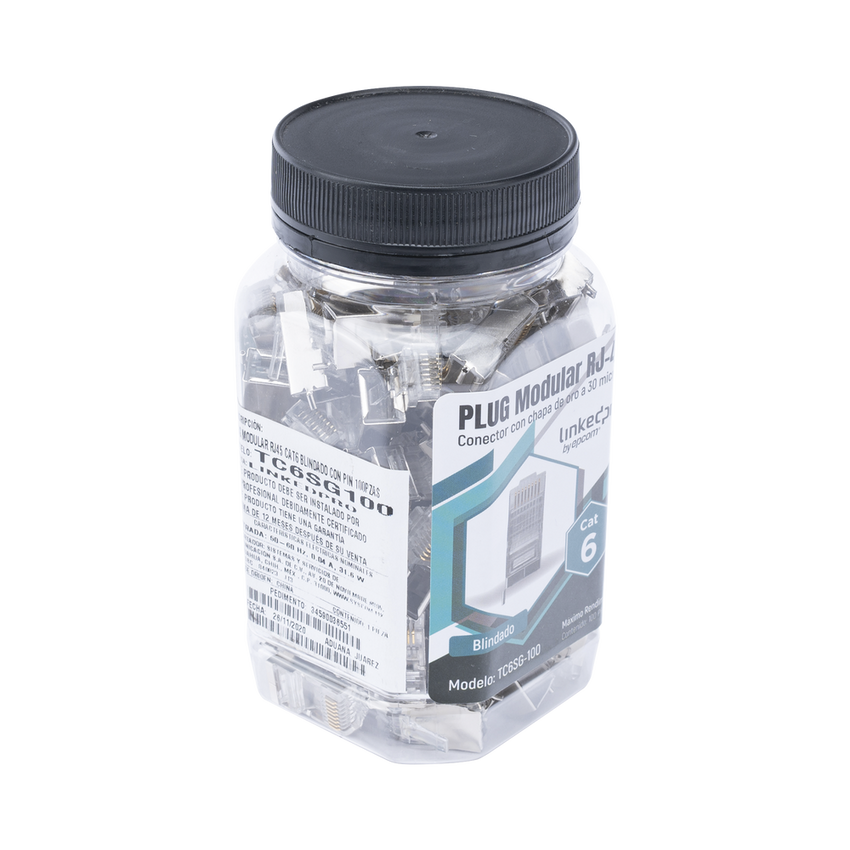 Bote con 100 Piezas de Plug Modular RJ45 Cat6 Blindado con Pin de Tierra, Chapado de Oro a 30 Micras para Durabilidad Extrema