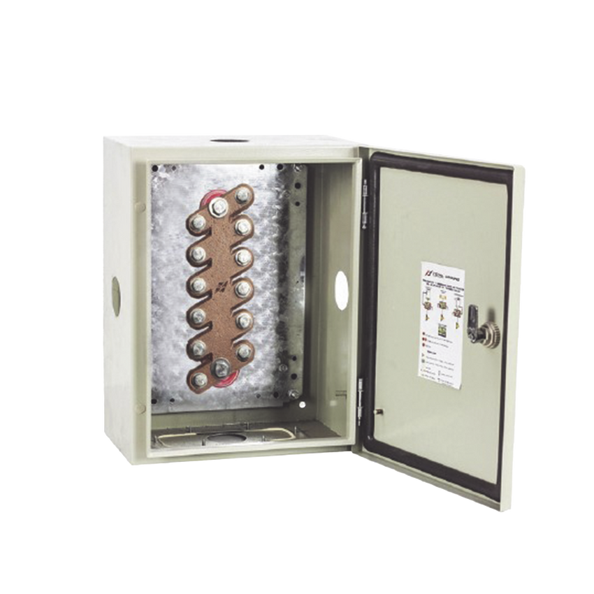 Barra de Unión y Distribución de Hilos Tierra Física con Gabinete de 2350 Amperes de Capacidad.