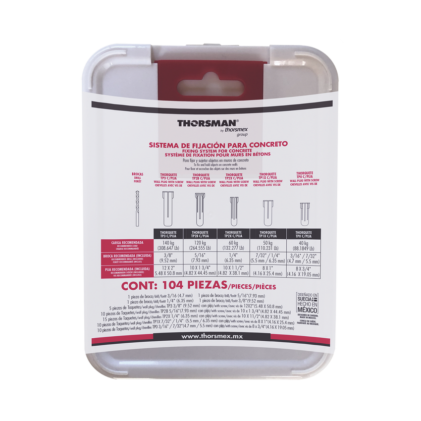 Kit para Sistemas de Fijación en Concreto, Taquetes con doble expansión y guía incluida para fácil instalación (104 piezas)
