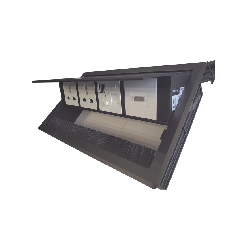 Caja Horizontal Tipo Hub para Escritorio Color Negro, con 1 Puerto HDMI Hembra-Hembra, 1 Puerto RJ45 Cat6, 2 Puertos USB (Solo Carga), y 2 Contactos Eléctricos Universales