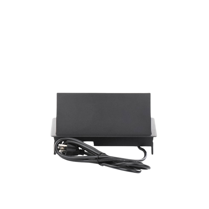 Caja Horizontal Tipo Hub para Escritorio Color Negro, con 1 Puerto HDMI Hembra-Hembra, 1 Puerto RJ45 Cat6, 2 Puertos USB (Solo Carga), y 2 Contactos Eléctricos Universales