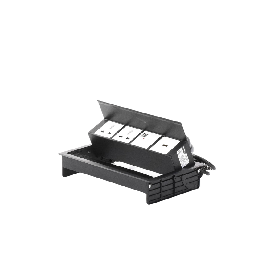 Caja Horizontal Tipo Hub para Escritorio Color Negro, con 1 Puerto HDMI Hembra-Hembra, 1 Puerto RJ45 Cat6, 2 Puertos USB (Solo Carga), y 2 Contactos Eléctricos Universales