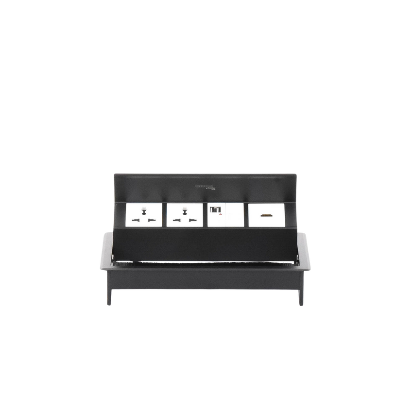 Caja Horizontal Tipo Hub para Escritorio Color Negro, con 1 Puerto HDMI Hembra-Hembra, 1 Puerto RJ45 Cat6, 2 Puertos USB (Solo Carga), y 2 Contactos Eléctricos Universales