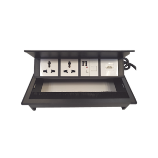 Caja Horizontal tipo Hub para escritorio color negro, con 1 Puerto HDMI Hembra-Hembra, 1 puerto RJ45 Cat6,  2 Puertos USB (Solo carga),  y 2 Contactos eléctricos universales