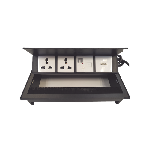Caja Horizontal tipo Hub para escritorio color negro, con 1 Puerto HDMI Hembra-Hembra, 1 puerto RJ45 Cat6,  2 Puertos USB (Solo carga),  y 2 Contactos eléctricos universales