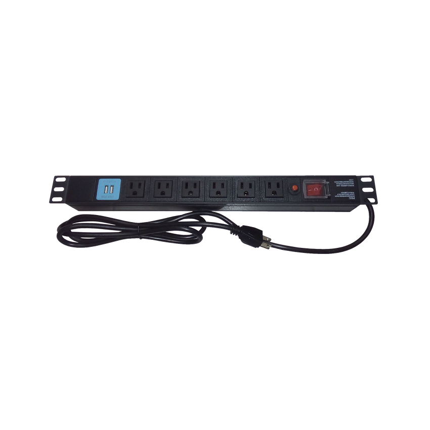 Tomacorriente Horizontal (PDU) de 6 contactos (NEMA 5-15R) + 2 USB para instalación en Rack de 19", 1UR, 125 Vca/ 15 A (THE0040091001001)