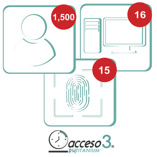 [BAJO PEDIDO] Licencia para software de Tiempo & Asistencia compatible con SISTEMAS DE NOMINA / 1,500 Empleados / 16 Relojes checadores / 16 PC / Acceso3 - TITANIUM