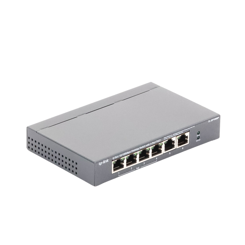 Switch PoE no Administrable de escritorio / 6 puertos 10/100 Mbps / 4 puertos PoE af/at / Presupuesto 67 W / Modo Extensor hasta 250 m / Calidad video prioritaria