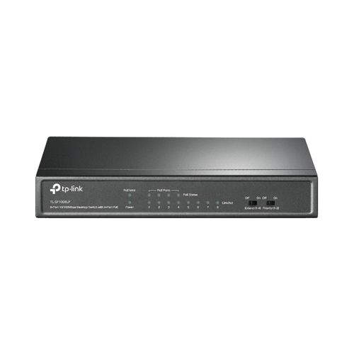 Switch PoE No Administrable de Escritorio / 8 puertos 10/100 Mbps / 4 puertos PoE af / Presupuesto 41 W / Modo extensor PoE hasta 250 metros / Calidad video prioritaria