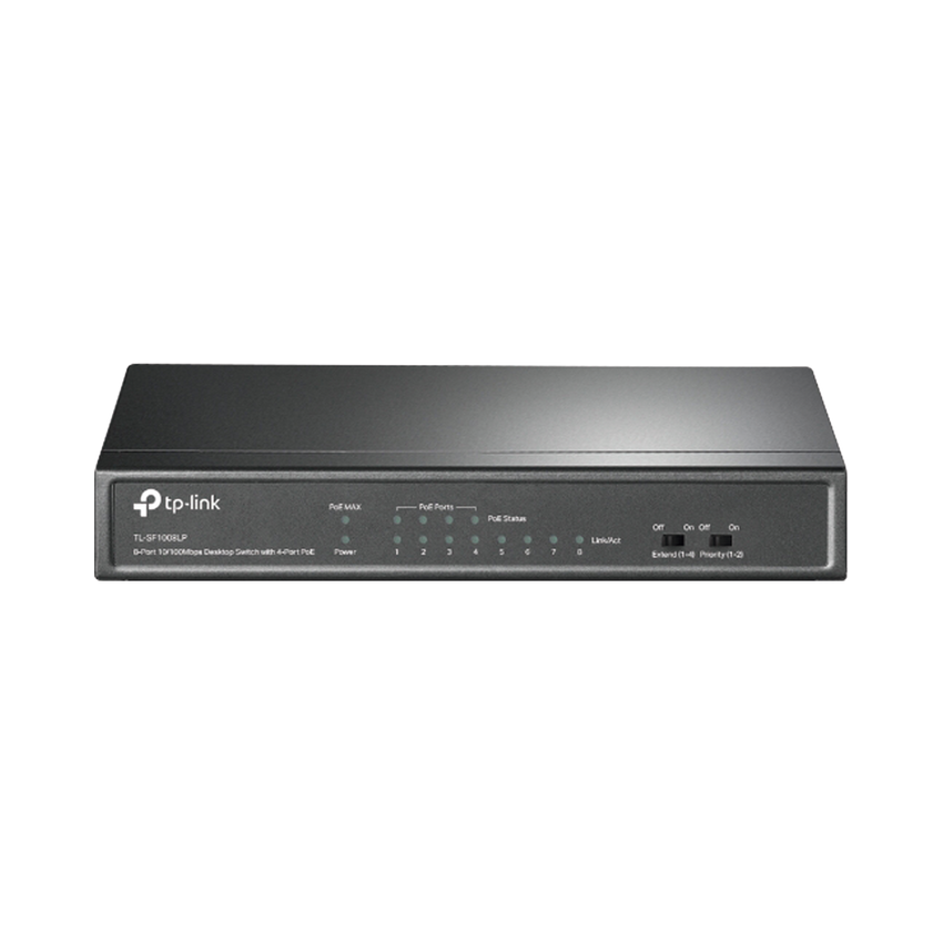 Switch PoE No Administrable de Escritorio / 8 puertos 10/100 Mbps / 4 puertos PoE af / Presupuesto 41 W / Modo extensor PoE hasta 250 metros / Calidad video prioritaria