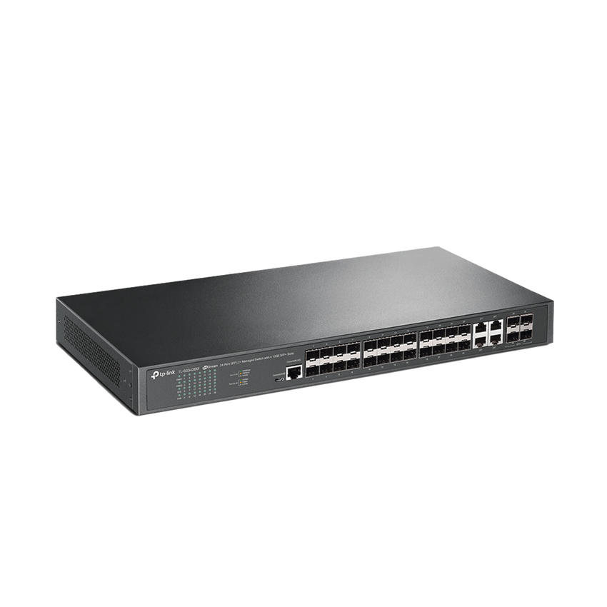 Switch de Fibra Óptica L2+ Omada / 24 puertos SFP 1GE / 4 Puertos Combinados SFP+/RJ45 Gigabit / 2 Puertos Consola RJ45|micro-SUB / Administración Centralizada Omada o Stand-Alone / Compatile con IPv6 /  Multicast IGMP