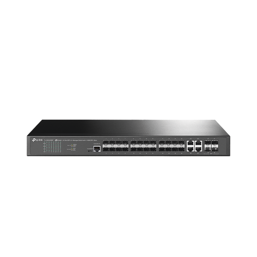 Switch de Fibra Óptica L2+ Omada / 24 puertos SFP 1GE / 4 Puertos Combinados SFP+/RJ45 Gigabit / 2 Puertos Consola RJ45|micro-SUB / Administración Centralizada Omada o Stand-Alone / Compatile con IPv6 /  Multicast IGMP